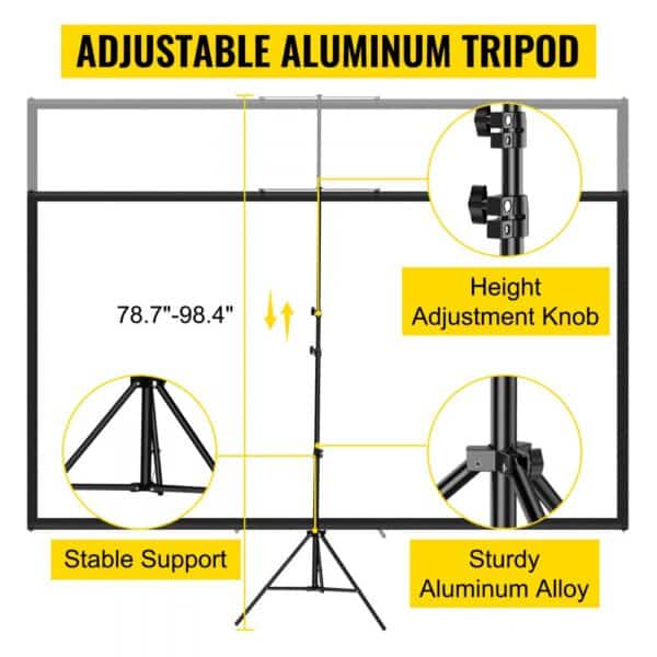 adjustable VEVOR tripod projector screen with height adjustment knob and stable support.