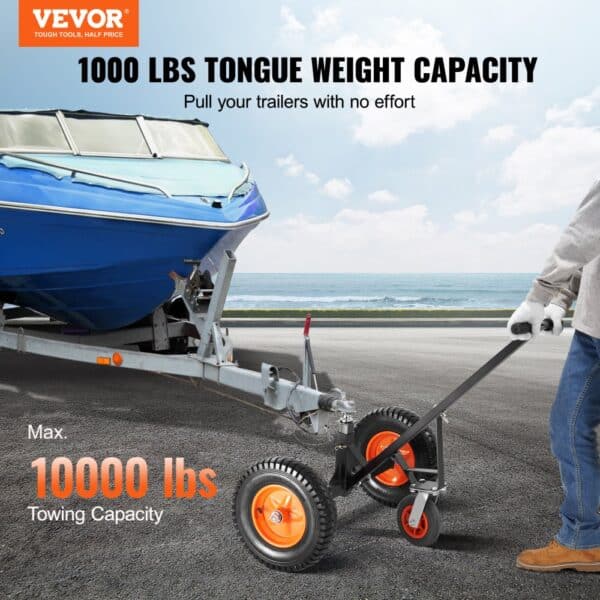 VEVOR trailer dolly in use, pulling a boat on a trailer with 1000 lbs tongue weight capacity.