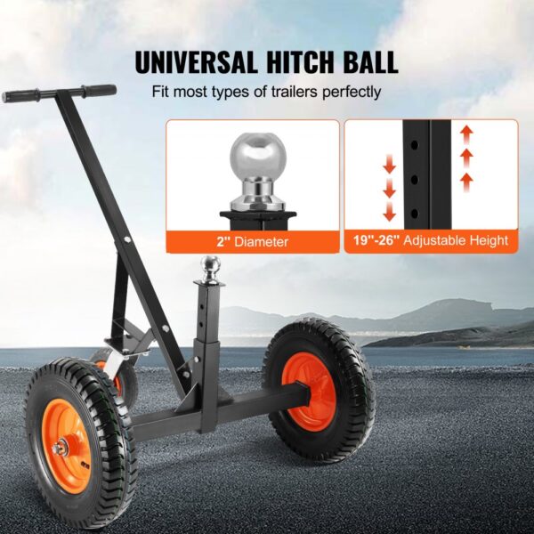 VEVOR trailer dolly with universal hitch ball, 2" diameter, 19"-26" adjustable height, durable wheels.