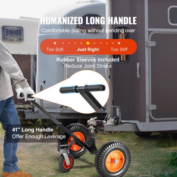 person using VEVOR trailer dolly with long handle, orange wheels, and rubber sleeves for reduced joint stress.