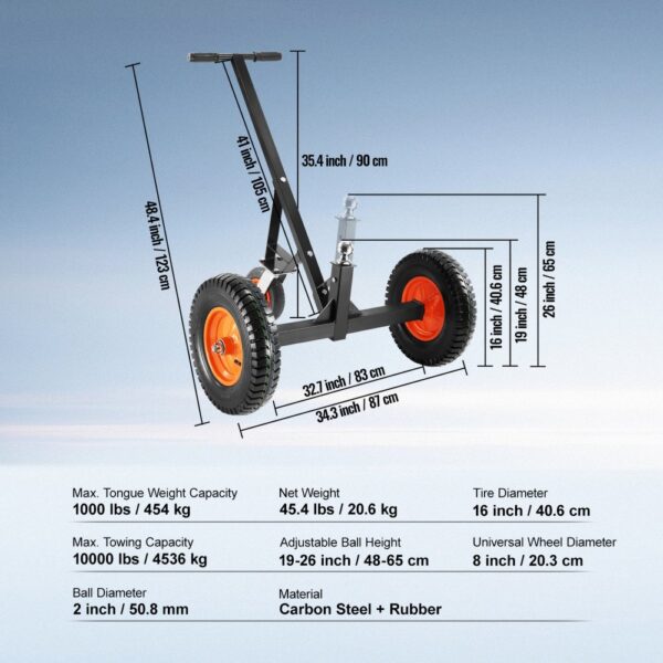 VEVOR trailer dolly with 16-inch tires, adjustable ball height, and 1000 lbs tongue weight capacity.