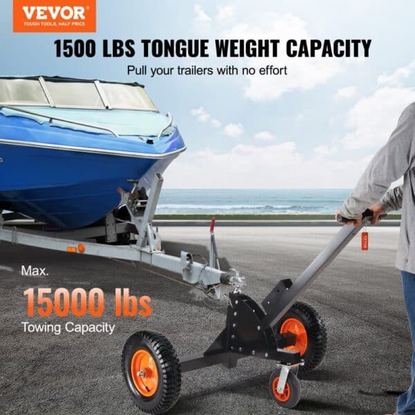 VEVOR trailer dolly pulling blue boat with 1500 lbs tongue weight capacity, max 15000 lbs towing capacity.