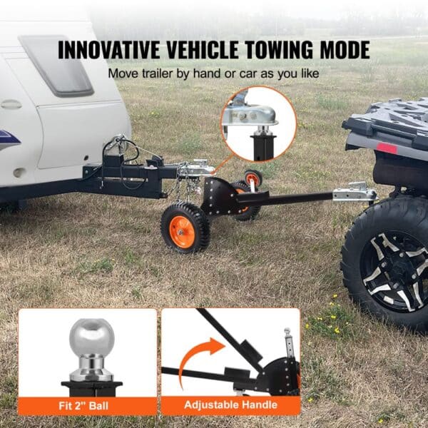 VEVOR trailer dolly towing a caravan by an atv, highlighting adjustable handle and fit 2" ball.