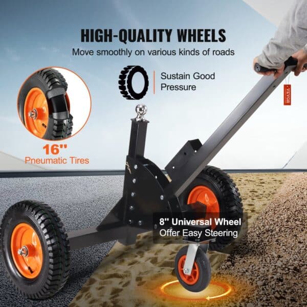 16" pneumatic tires and 8" universal wheel of VEVOR trailer dolly for smooth movement on varied terrains.