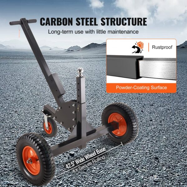 VEVOR trailer dolly featuring a carbon steel structure, powder-coating surface, and a 42.5" wide wheel base.