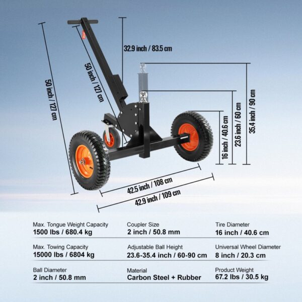 VEVOR trailer dolly with 1500 lbs capacity, 16-inch tires, adjustable ball height, and carbon steel frame.