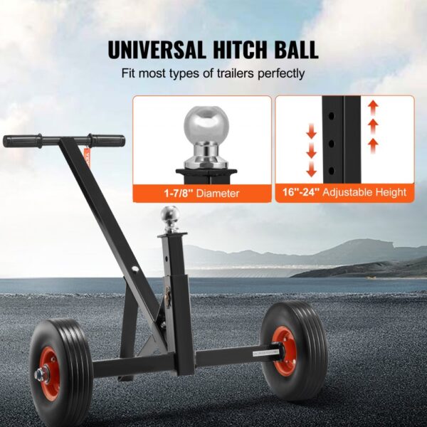 VEVOR Adjustable Trailer Dolly, 600lbs Tongue Weight Capacity, Carbon Steel Trailer Mover with 16''-24'' Adjustable Height, 1-7/8'' Hitch Ball & 10'' Solid Tires, Ideal for Moving Car RV Boat Trailer