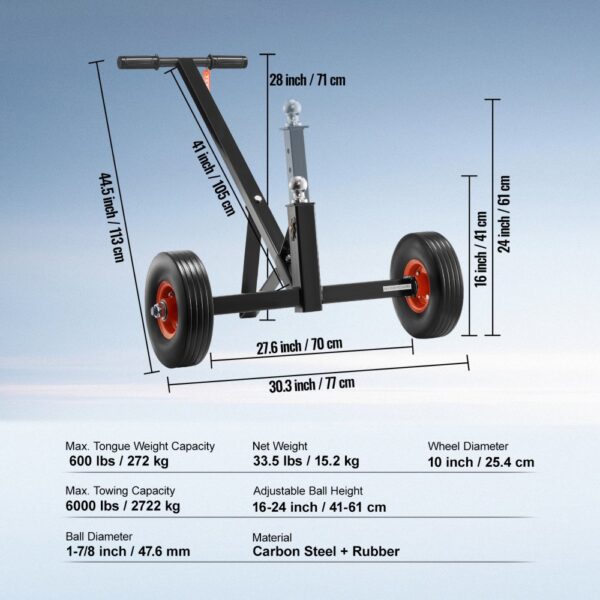 VEVOR Adjustable Trailer Dolly, 600lbs Tongue Weight Capacity, Carbon Steel Trailer Mover with 16''-24'' Adjustable Height, 1-7/8'' Hitch Ball & 10'' Solid Tires, Ideal for Moving Car RV Boat Trailer