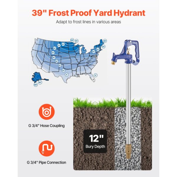 VEVOR Frost Proof Yard Hydrant 39'' Length 12" Bury Depth Heavy-Duty Cast Iron