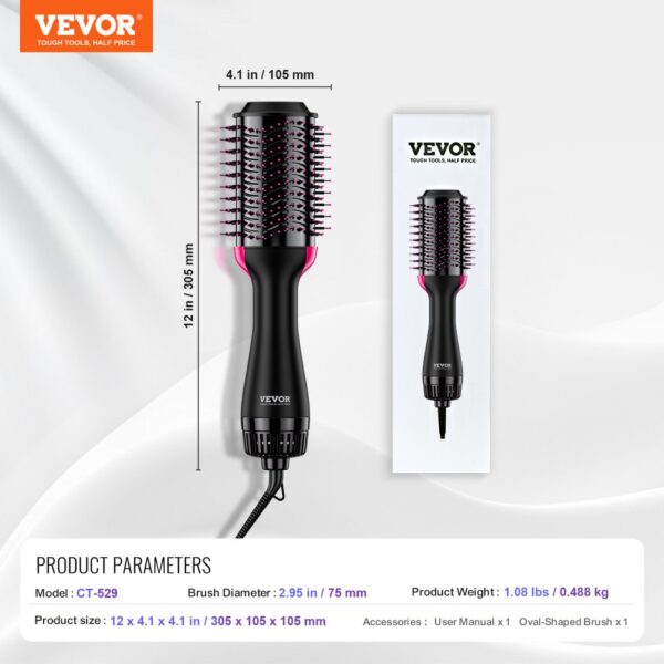 VEVOR Hair Blow Dryer Brush Ionic Hair Dryer and Styler with 75mm Oval Barrel