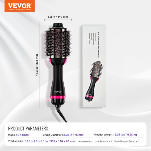 VEVOR Hair Blow Dryer Brush Ionic Hair Styler Volumizer with 75mm Oval Barrel