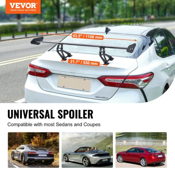 VEVOR car spoiler on a white sedan, measuring 43.5" wide and 21.7" tall, compatible with most sedans.