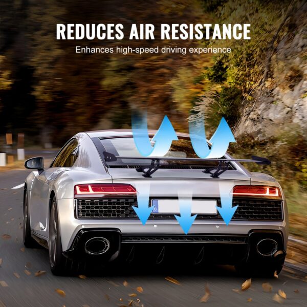 silver sports car with VEVOR car spoiler driving, reducing air resistance with blue airflow arrows.