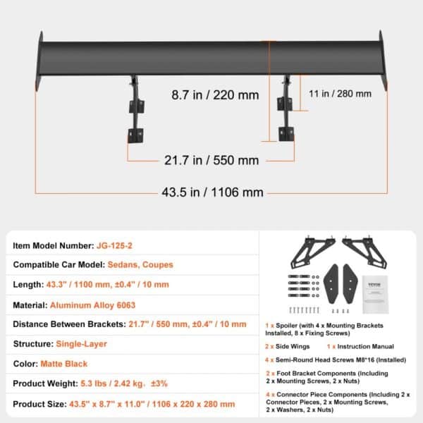 VEVOR car spoiler dimensions and specs on matte black aluminum alloy model for sedans and coupes.