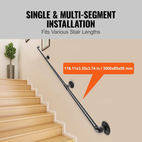 VEVOR pipe stair handrail on wooden stairs with installation dimensions.