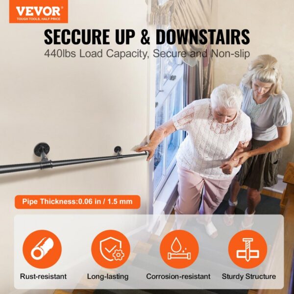 VEVOR pipe stair handrail, 440lbs load, rust-resistant, long-lasting, secure support.