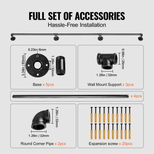 VEVOR pipe stair handrail with base, wall mount support, and expansion screws.