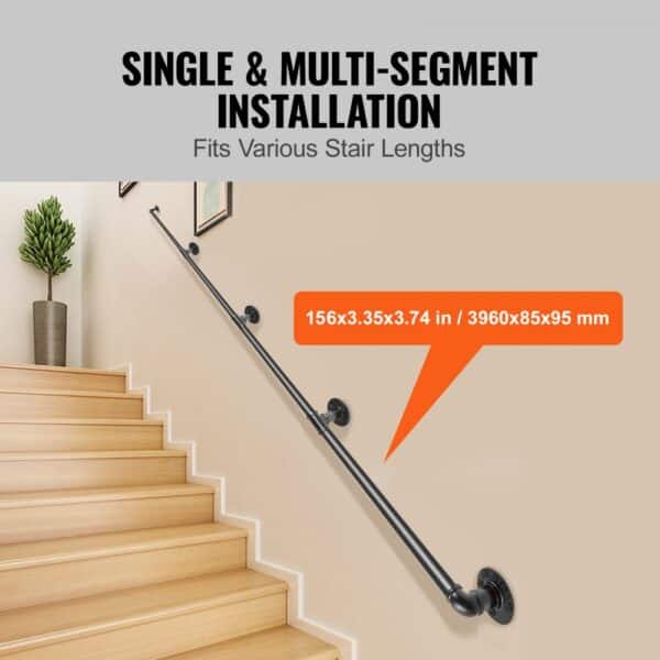 VEVOR pipe stair handrail installed on a wooden staircase, fits various lengths.