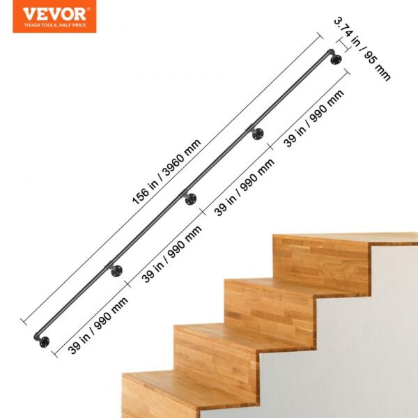 VEVOR pipe stair handrail with detailed measurements beside wooden stairs.