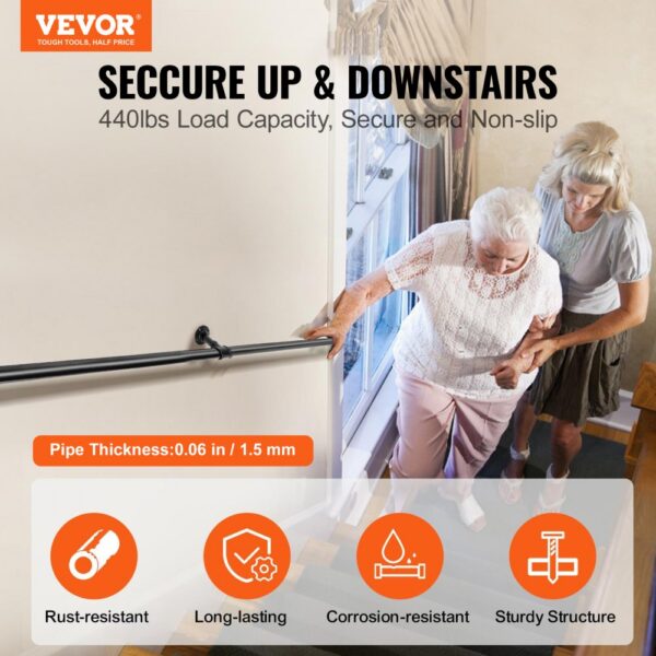 VEVOR pipe stair handrail ensures safety with 440lbs load capacity, secure and non-slip.