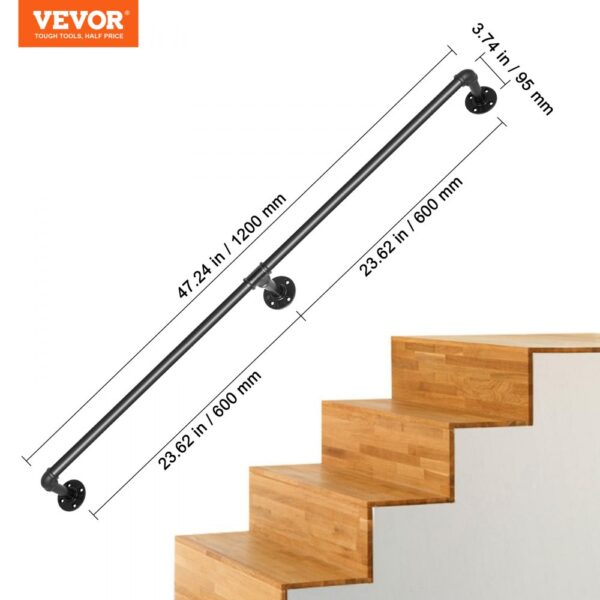 VEVOR pipe stair handrail installation details with measurements beside wooden stairs.