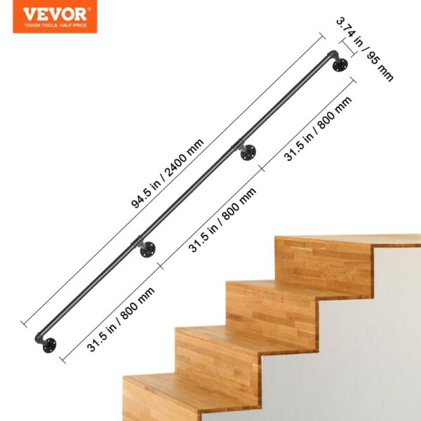 VEVOR pipe stair handrail with dimensions and wooden stairs.