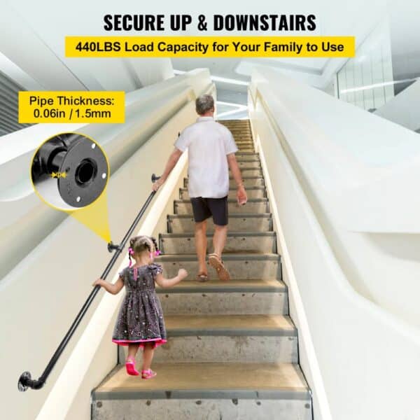 child and senior using VEVOR pipe stair handrail on modern staircase for secure support.