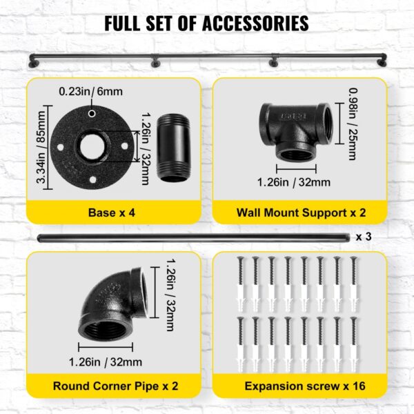 VEVOR pipe stair handrail accessory set with bases, pipes, wall supports, and screws.