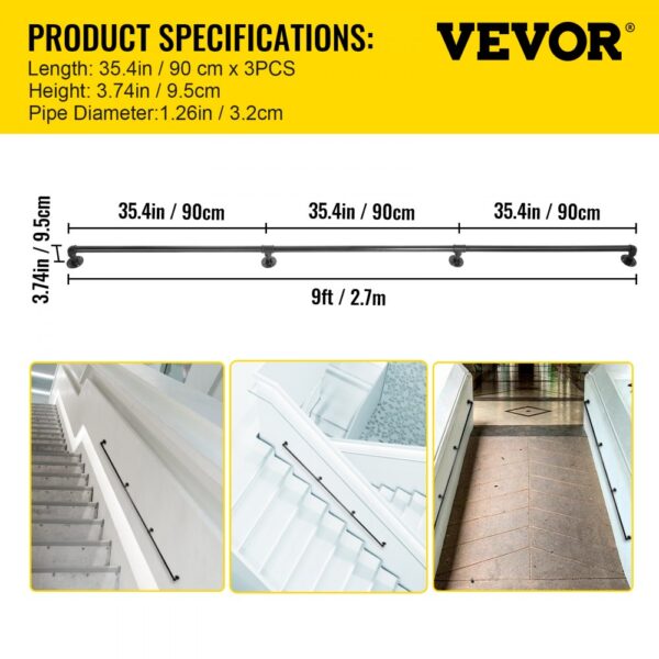 VEVOR pipe stair handrail, 35.4in length, 3.74in height, black for stairs and ramps.