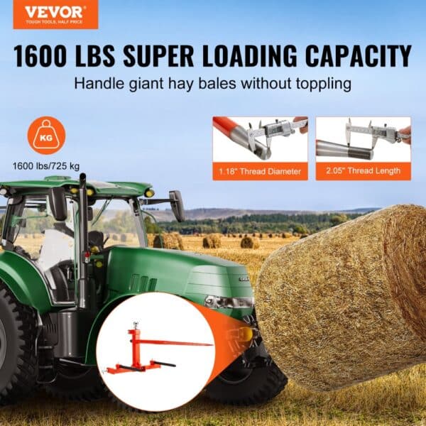 green tractor with VEVOR hay spear lifting large hay bale, showcasing 1600 lbs super loading capacity.