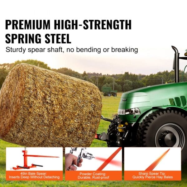VEVOR hay spear on a green tractor lifting a large hay bale in a field with text highlighting durability.