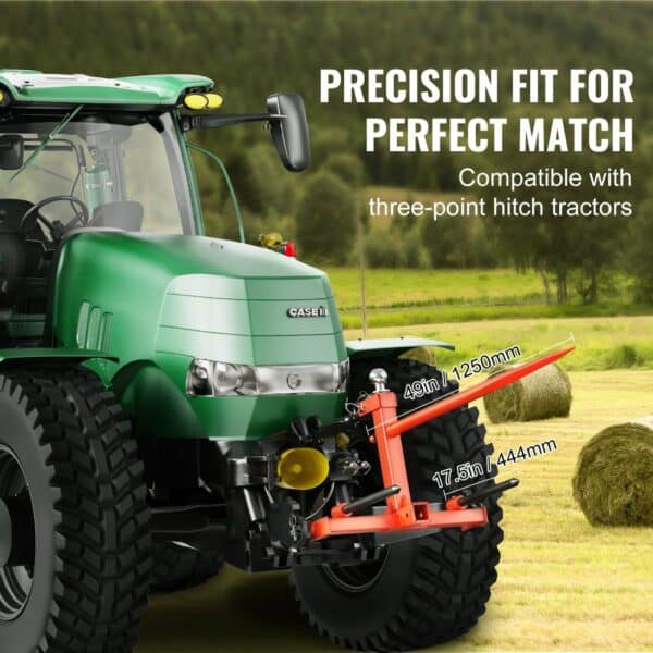 green tractor equipped with VEVOR hay spear attachment in a field with hay bales.
