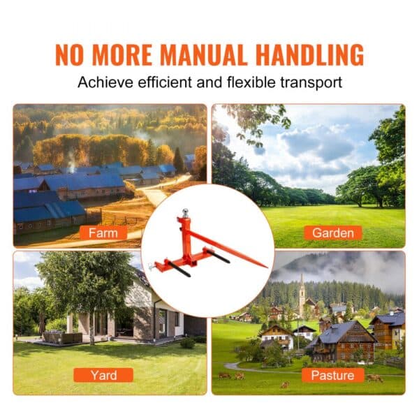 orange VEVOR hay spear with labeled images of a farm, garden, yard, and pasture for efficient transport.