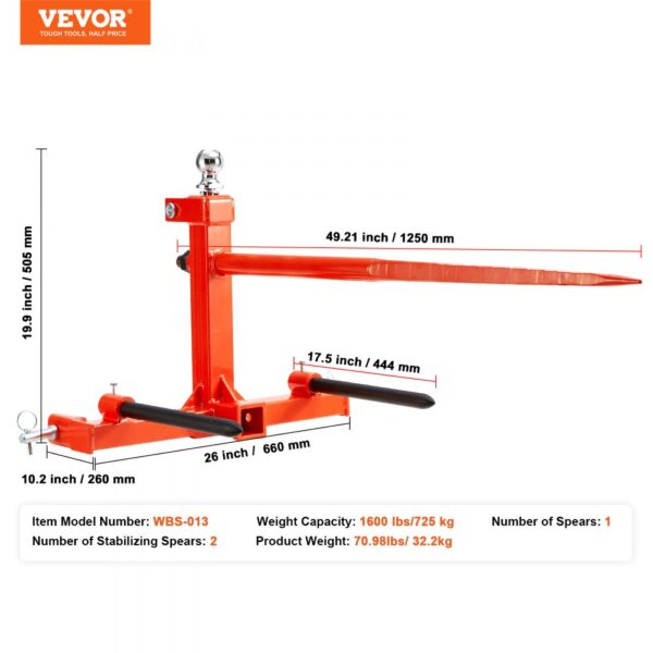 VEVOR hay spear with 1 main spear, 2 stabilizing spears, 1600 lbs capacity, and product dimensions.