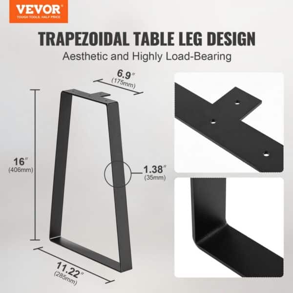 VEVOR trapezoidal table legs, 16" height, 11-22" width, showcasing a sturdy, aesthetic design.