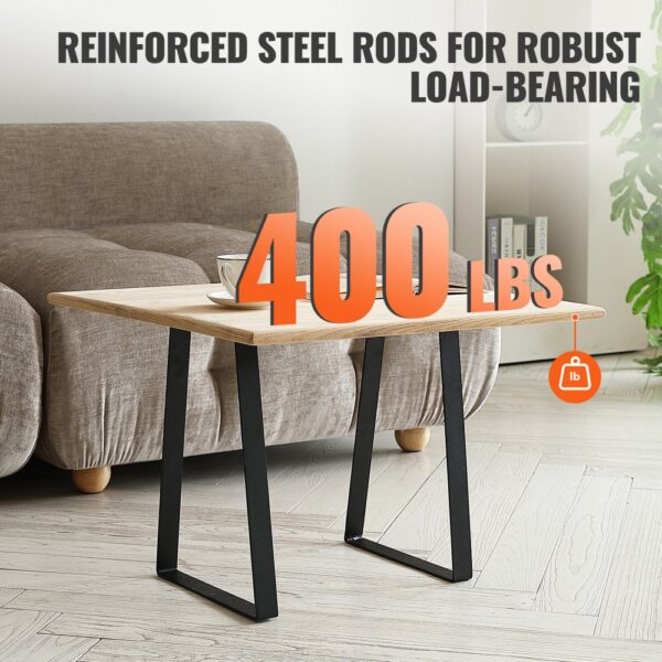 VEVOR table legs in black supporting a wooden table top, with "400 lbs" load capacity text overlaid.