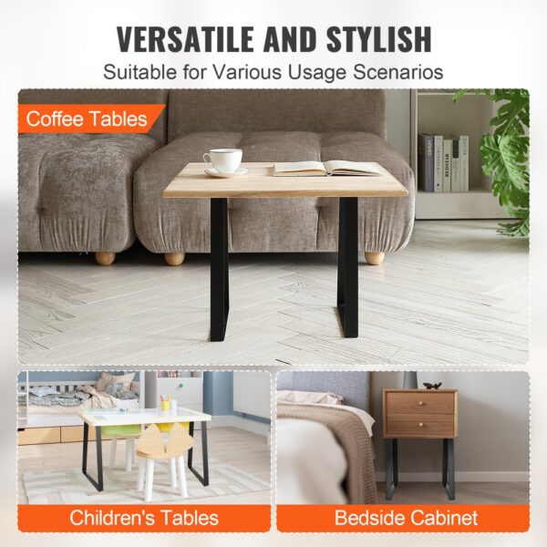 VEVOR table legs displayed on coffee tables, children's tables, and a bedside cabinet; versatile and stylish.