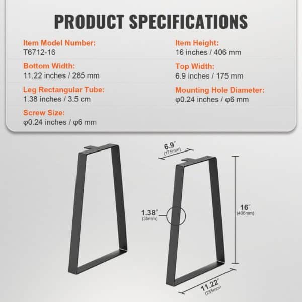 VEVOR table legs specifications: height 16 inches, top width 6.9 inches, bottom width 11.22 inches.
