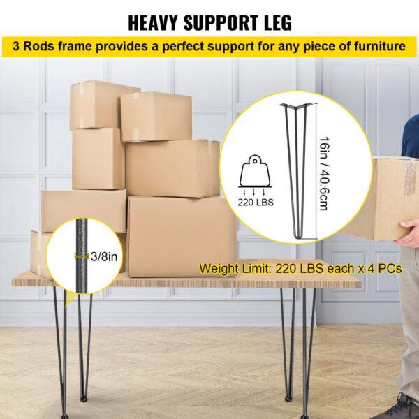 VEVOR hairpin table legs with boxes, showcasing 220 lbs weight limit per leg.