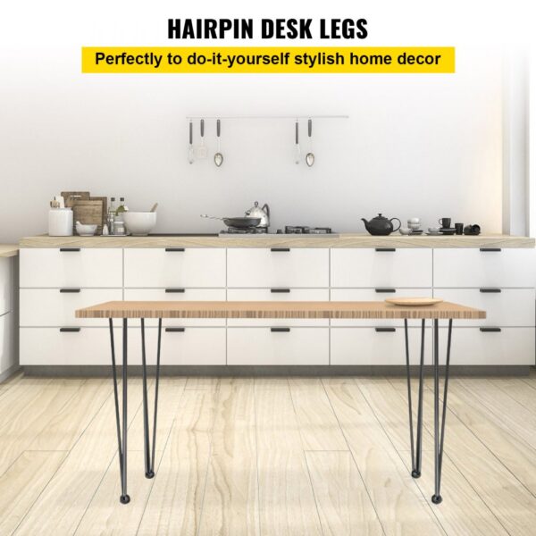 kitchen with white cabinetry; wooden table with VEVOR hairpin table legs.