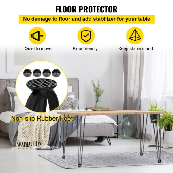 VEVOR hairpin table legs with non-slip rubber feet in a modern living room setup.