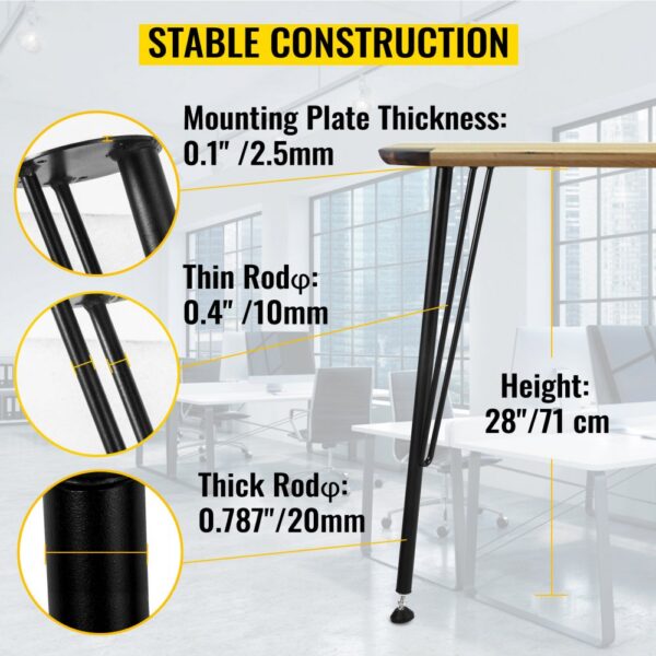 VEVOR Hairpin Metal Table Legs 28 Inch Desk Legs Set of 4 Heavy Duty Bench Legs 3-Rod Metal Furniture Legs Wrought Iron Coffee Table Legs Home DIY for Dining Table with Rubber Floor Protectors Black