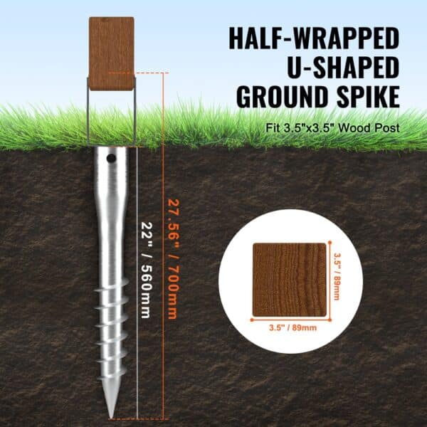 VEVOR no dig ground anchor, half-wrapped u-shaped spike for 3.5"x3.5" wood post, 27.56" length.