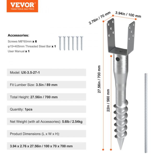 VEVOR no dig ground anchor with measurements, accessories, and model ux-3.5-27-1 specs.