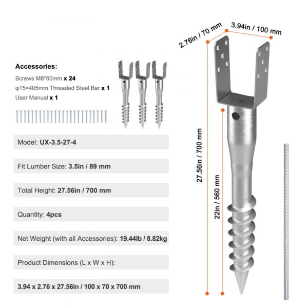 VEVOR no dig ground anchor ux-3.5-27-4, 3.5in fit, 27.56in height, 4pcs set with screws and manual.