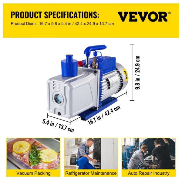 VEVOR 10CFM 2 Stages Vacuum Pump, 1HP Refrigerant Vacuum Pump, Air Condition Dual Stage AC Conditioning for Freezing Food Packaging Automobile Reparation Vacuum Evacuation(VP280)