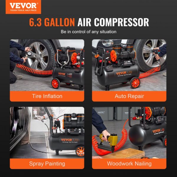 VEVOR Air Compressor 6.3 Gallon 1450W 3.35 CFM@ 90PSI 70 dB Ultra Quiet Oil Free