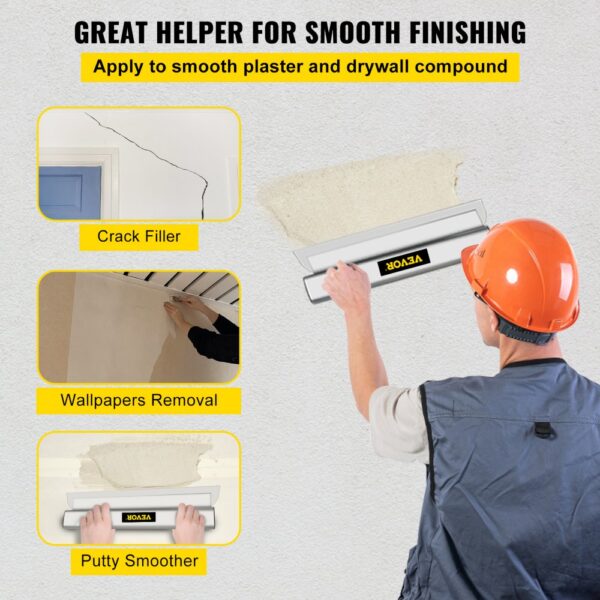 worker using VEVOR skimming blade for plaster smoothing, crack filling, and wallpaper removal.