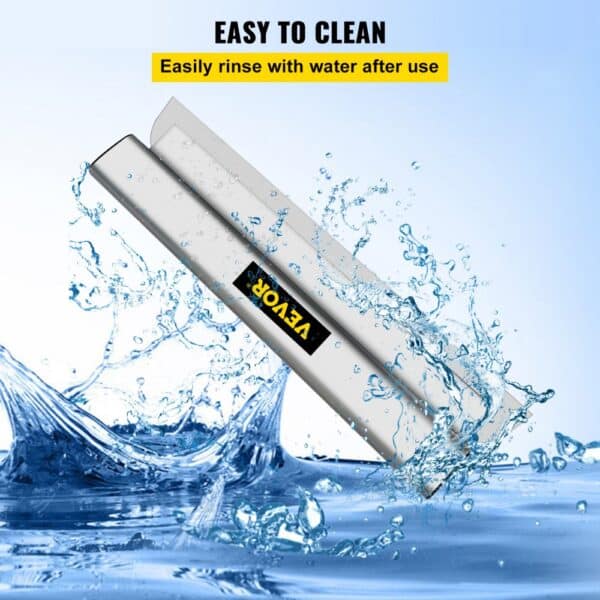 VEVOR skimming blade in water with "easy to clean" text and splashes in the background.