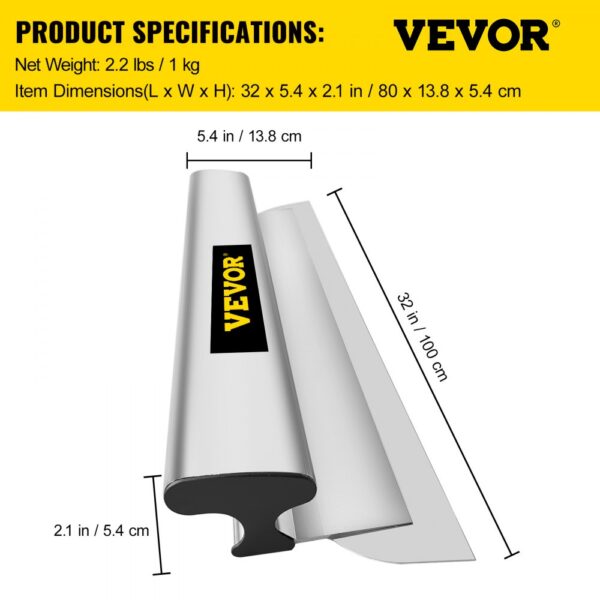 VEVOR skimming blade, 32 x 5.4 x 2.1 inches, 2.2 lbs, product dimensions and weight on yellow background.